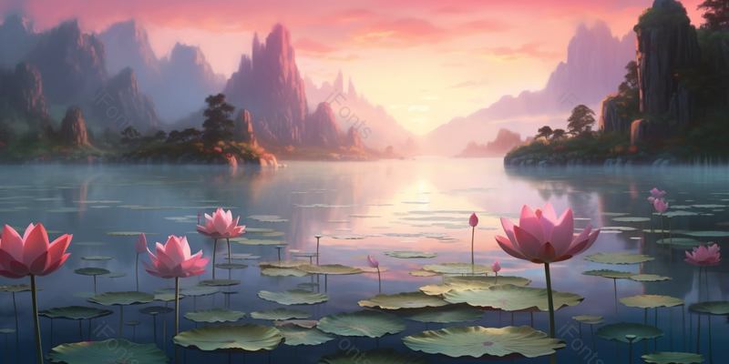 古风山水场景夏季夏日晚霞时分荷花荷叶池塘唯美自然环境群山背景插画,插画/手绘图,插画/手绘图库,插画/手绘图下载,插画/手绘